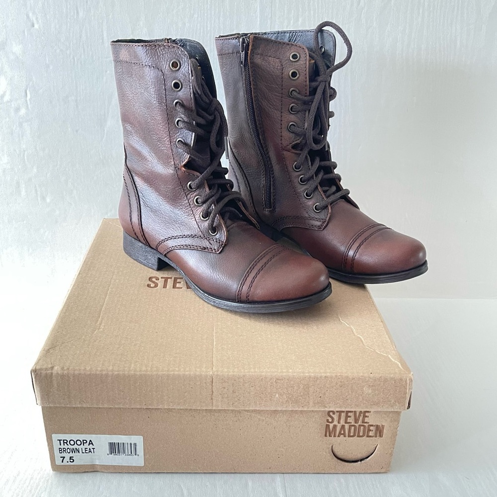 Steve Madden Troopa, Brown Leather Moto Combat Boot sz 7.5
